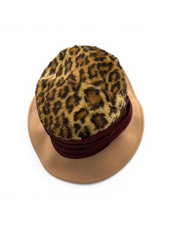 Vintage 80s Wool Faux Fur Leopard Print and Burgundy Accent Wide Brim Hat main image 5